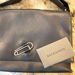 Allsaints Black Leather Safety Pin Crossbody Bag